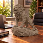 CONQR Roaring Lion desk statue in Sandstorm, tail resting on the rock, on a wide office desk