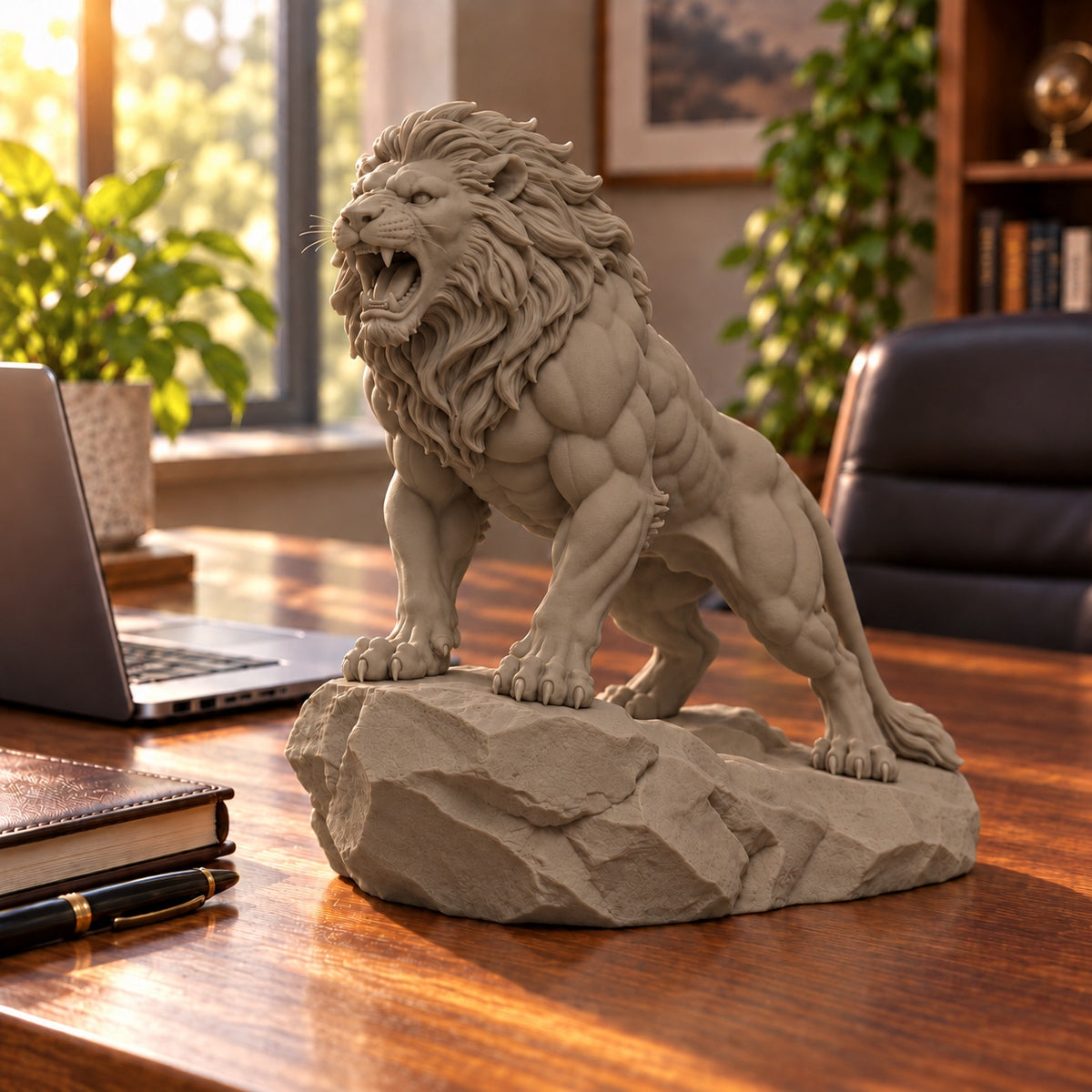 CONQR Roaring Lion desk statue in Sandstorm, tail resting on the rock, on a wide office desk