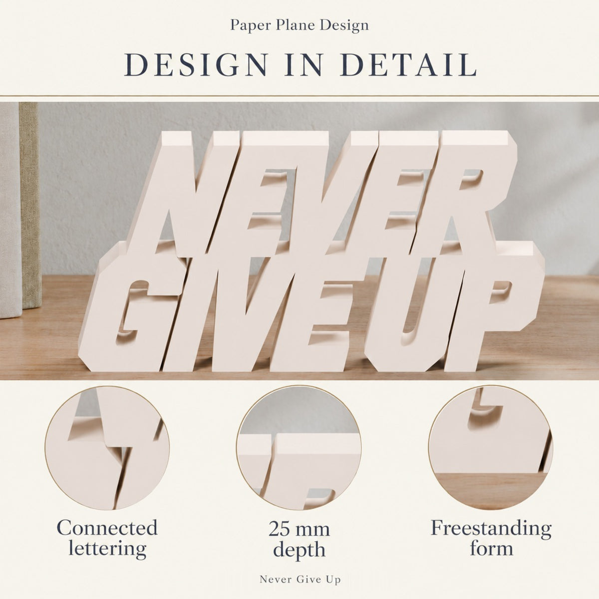 Never Give Up desk letters design in detail