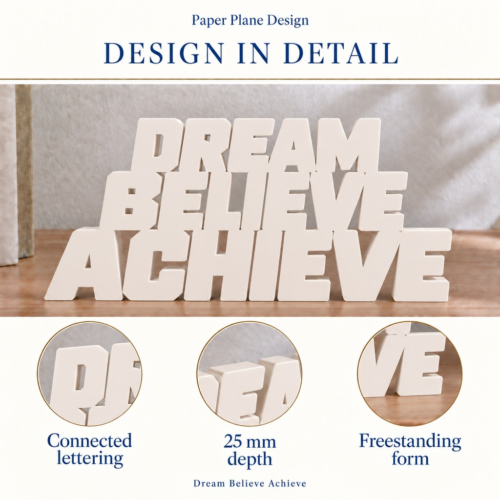 Dream Believe Achieve desk letters design in detail