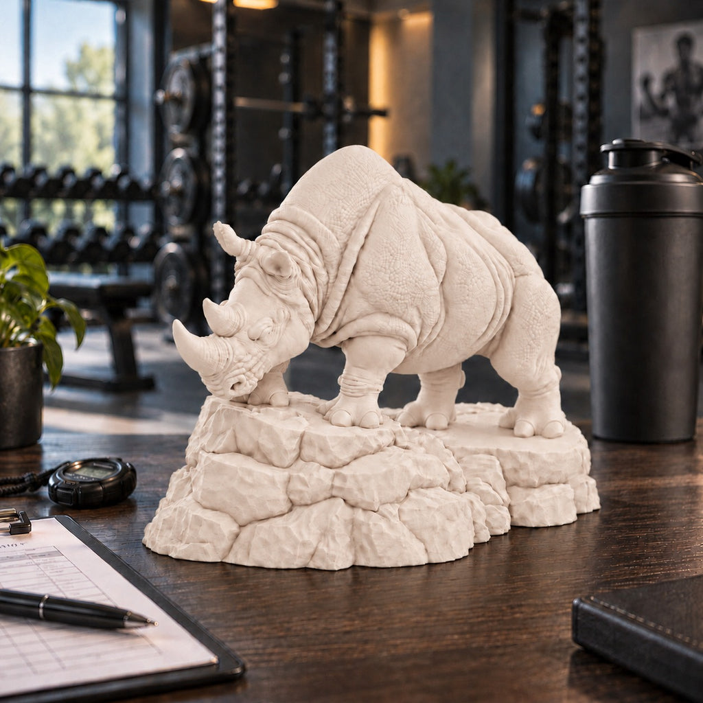 Charging Rhino statue Warm Beige on a gym trainer desk