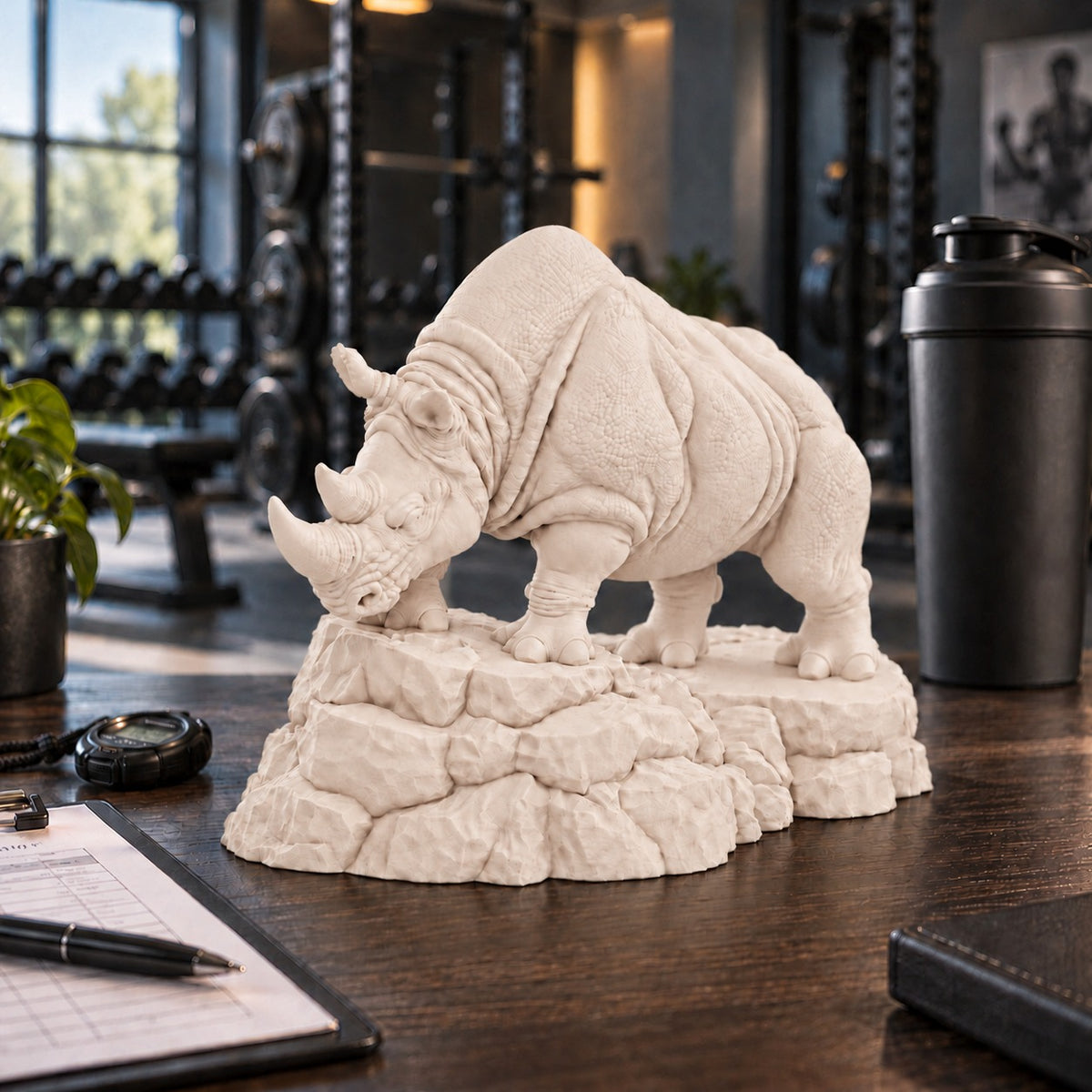 Charging Rhino statue Warm Beige on a gym trainer desk