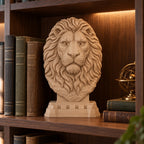 Regal Lion sculpture on a bookshelf with books