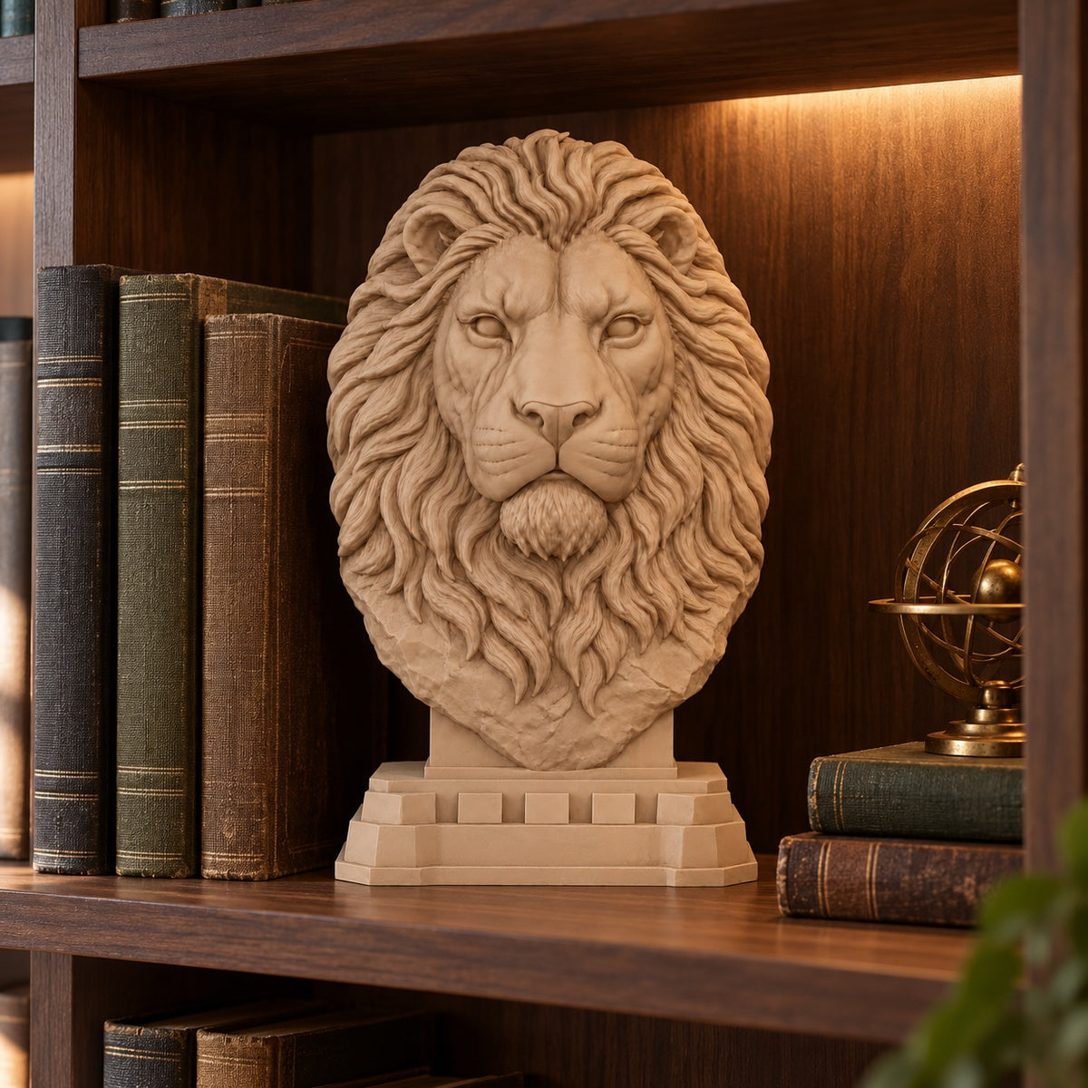 Regal Lion sculpture on a bookshelf with books