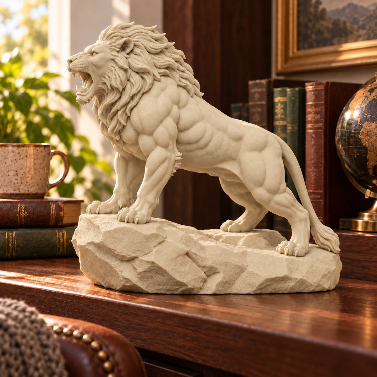 CONQR Roaring Lion desk statue in Warm Beige, tail resting on the rock, in a home study
