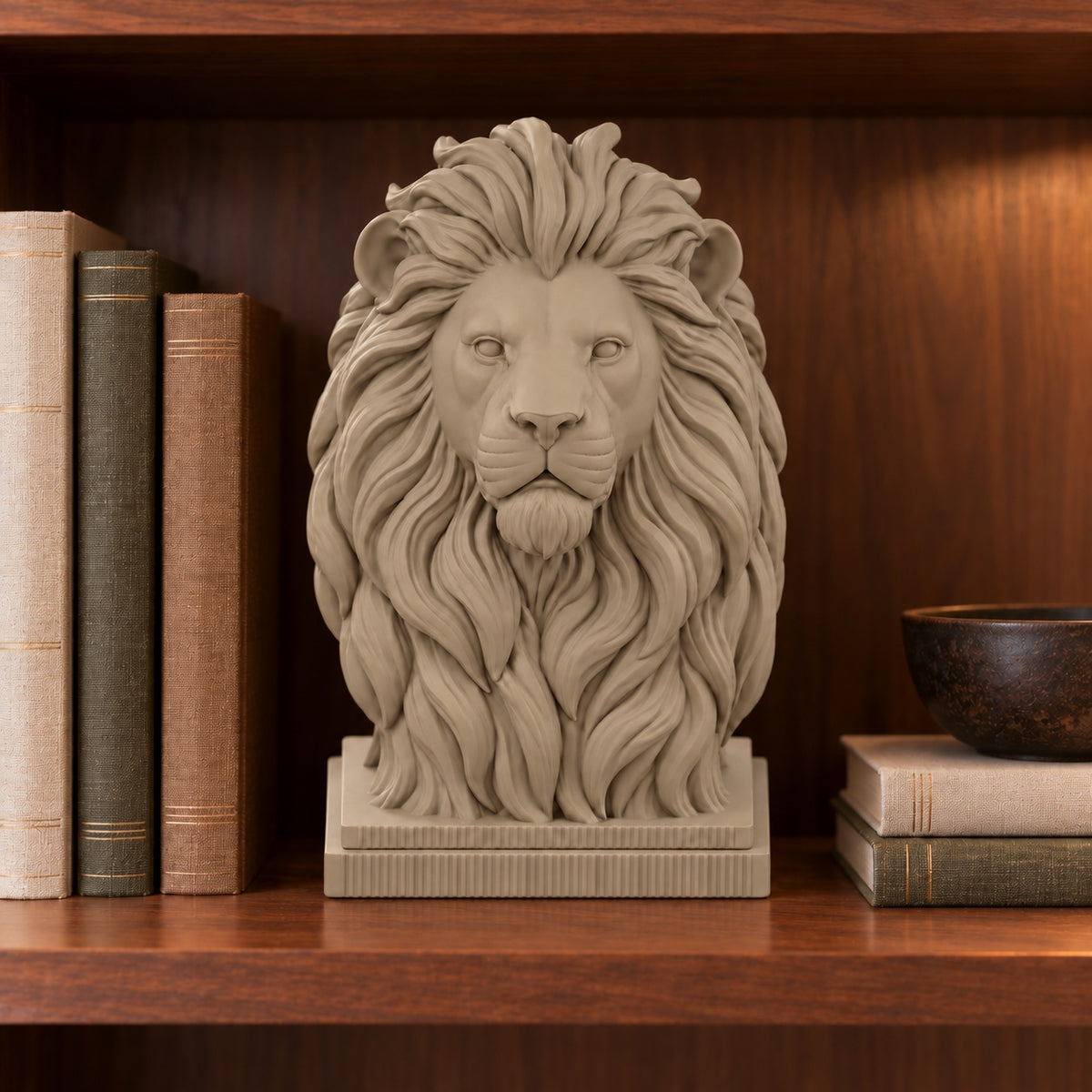 Lion desk sculpture on a bookshelf