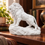 CONQR Roaring Lion desk statue in White, tail resting on the rock, in a home study