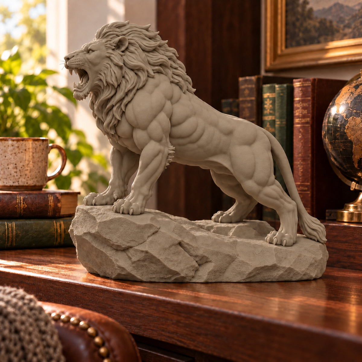 CONQR Roaring Lion desk statue in Sandstorm, tail resting on the rock, in a home study