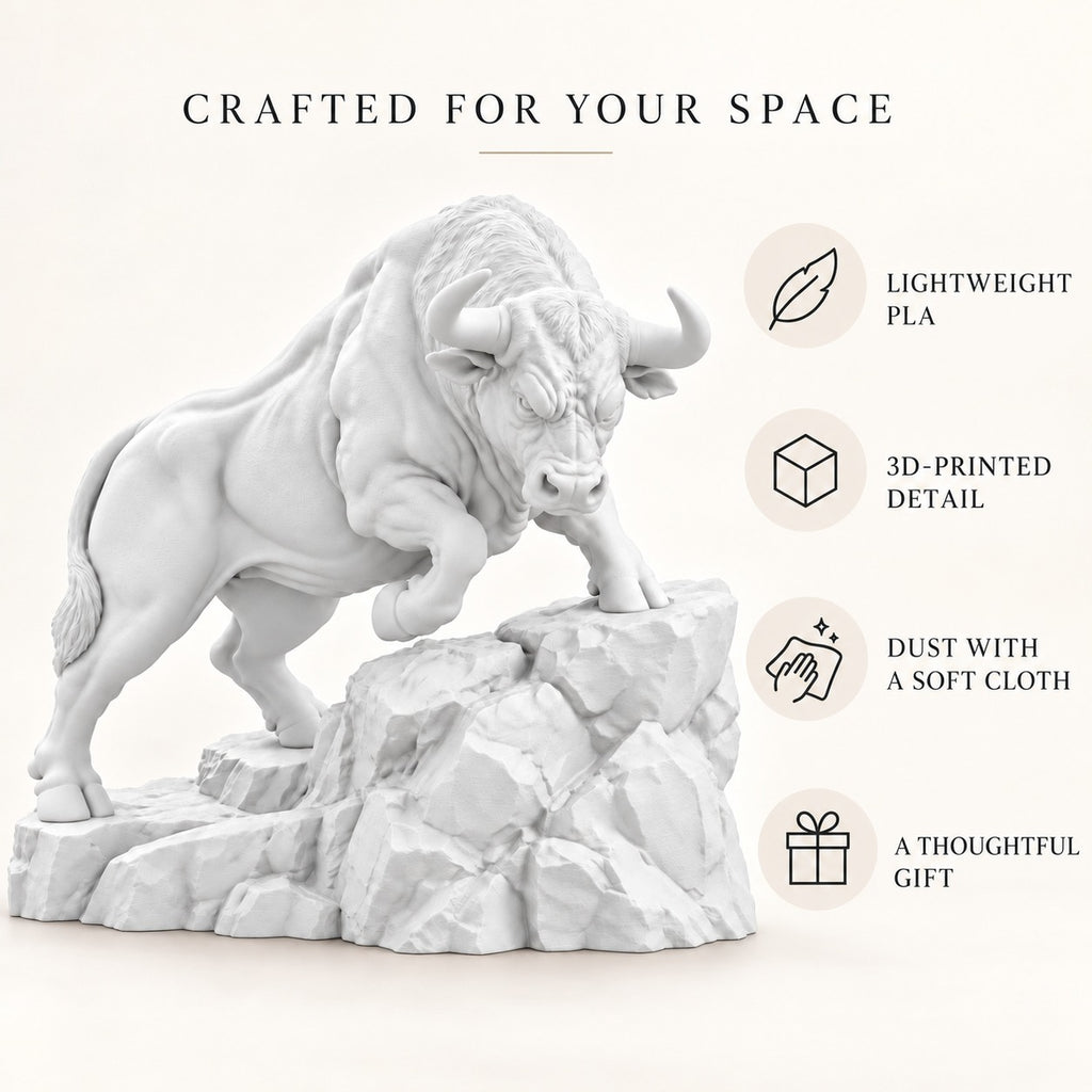 CONQR Raging Bull desk statue in White product explainer - lightweight PLA, 3D printed detail