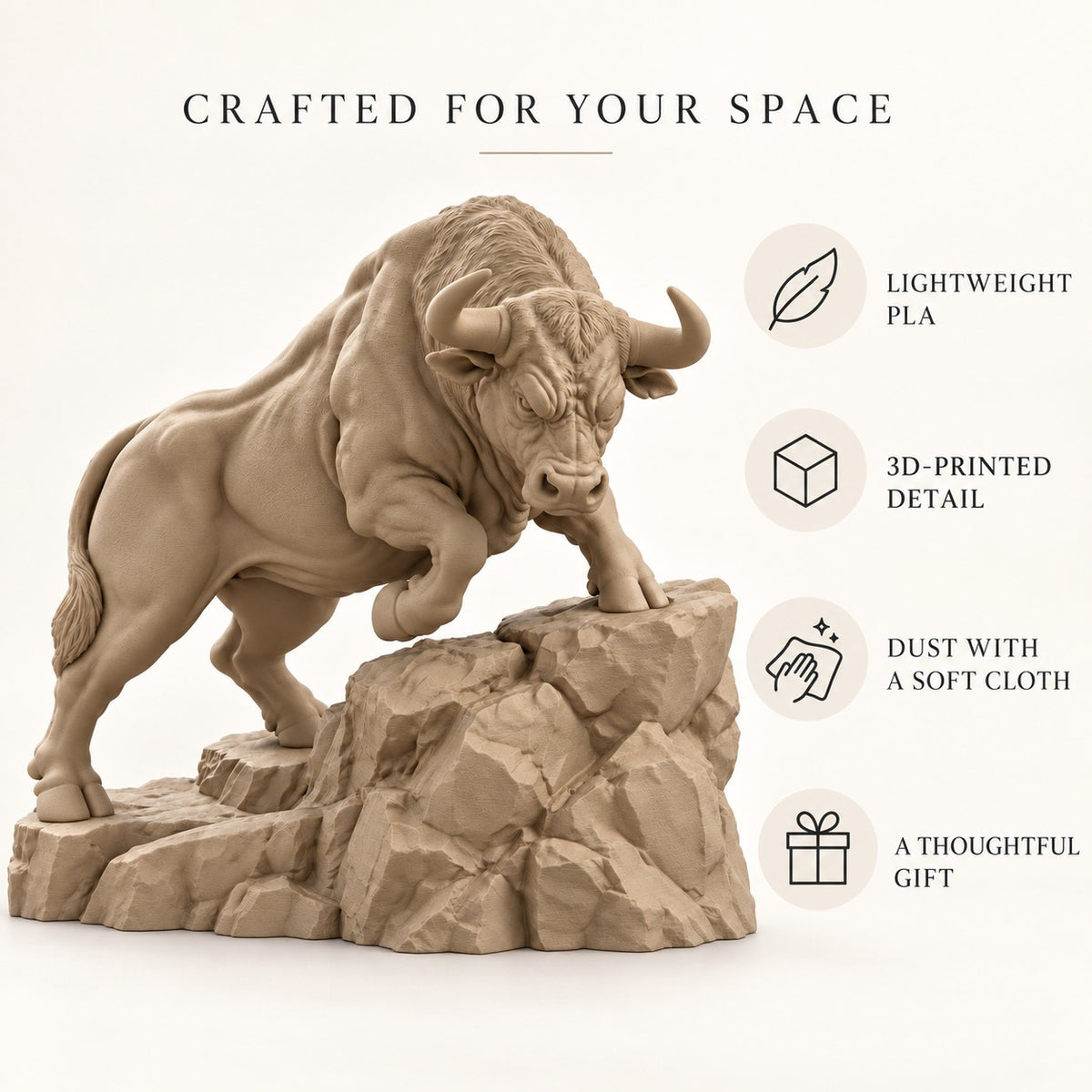 CONQR Raging Bull desk statue in Sandstorm product explainer - lightweight PLA, 3D printed detail