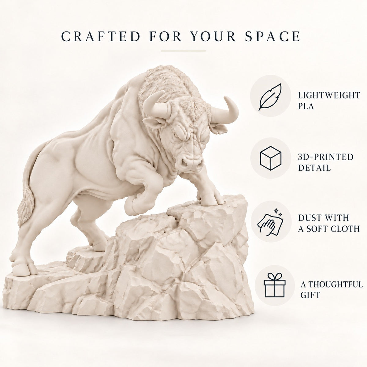 Raging Bull statue Warm Beige lightweight PLA features