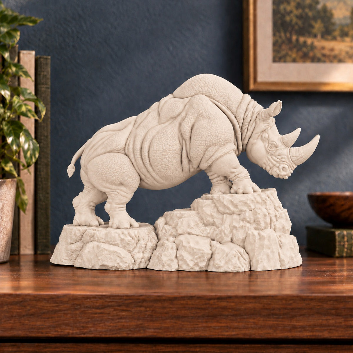 Charging Rhino statue Warm Beige full side profile
