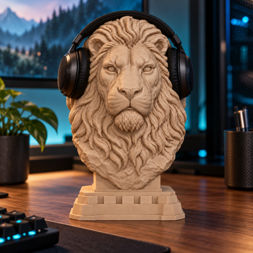 Lion headphone stand on a gaming desk