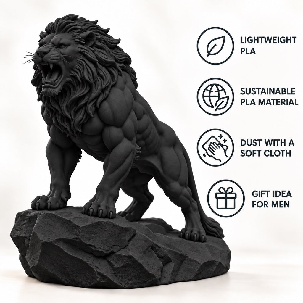 CONQR Roaring Lion desk statue in Black, tail resting on the rock, lightweight PLA material features