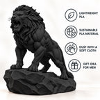 CONQR Roaring Lion desk statue in Black, tail resting on the rock, lightweight PLA material features