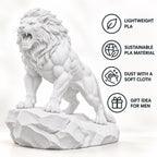 CONQR Roaring Lion desk statue in White, tail resting on the rock, lightweight PLA material features