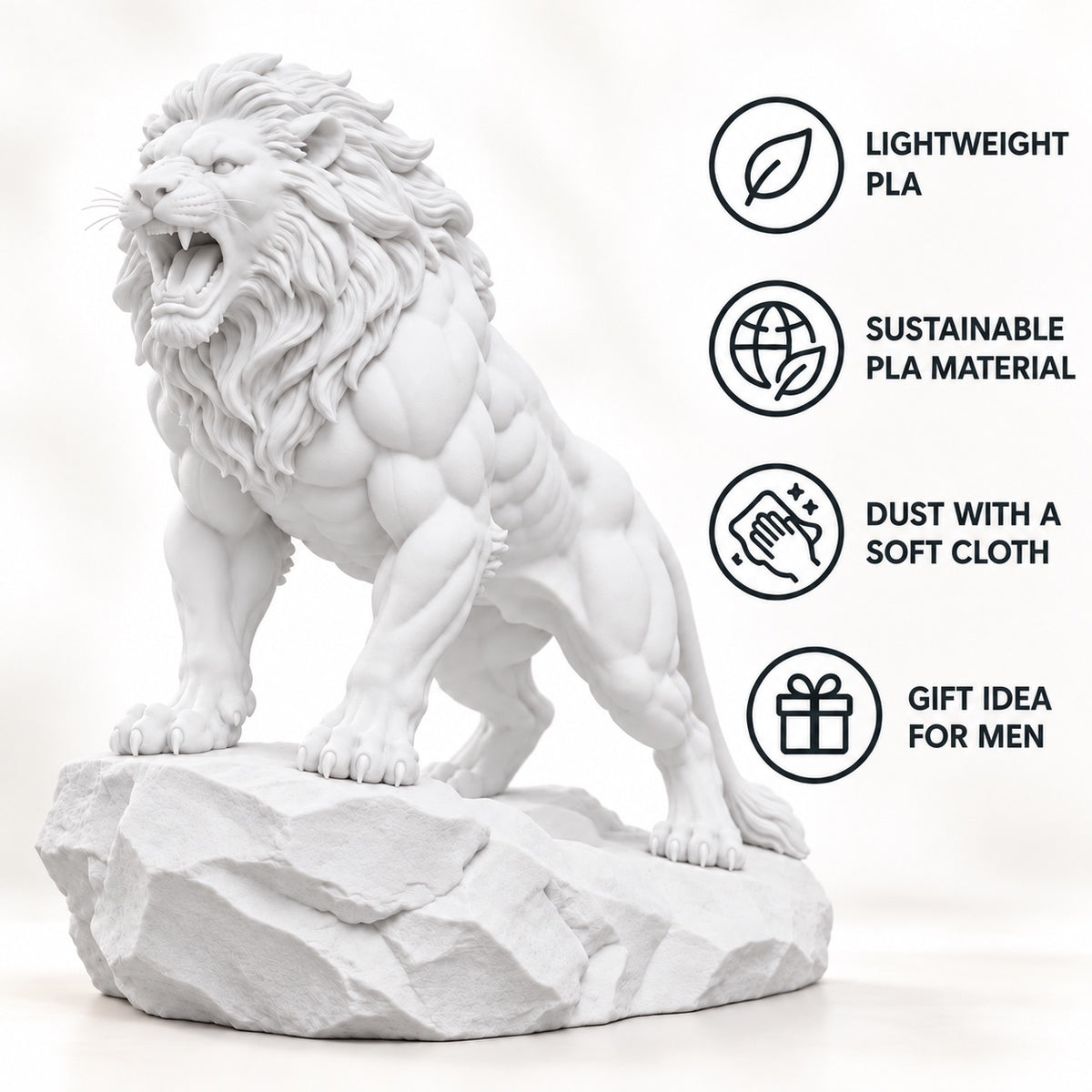 CONQR Roaring Lion desk statue in White, tail resting on the rock, lightweight PLA material features