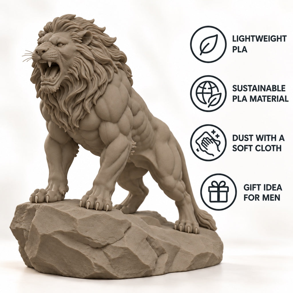 CONQR Roaring Lion desk statue in Sandstorm, tail resting on the rock, lightweight PLA material features