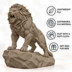CONQR Roaring Lion desk statue in Sandstorm, tail resting on the rock, lightweight PLA material features