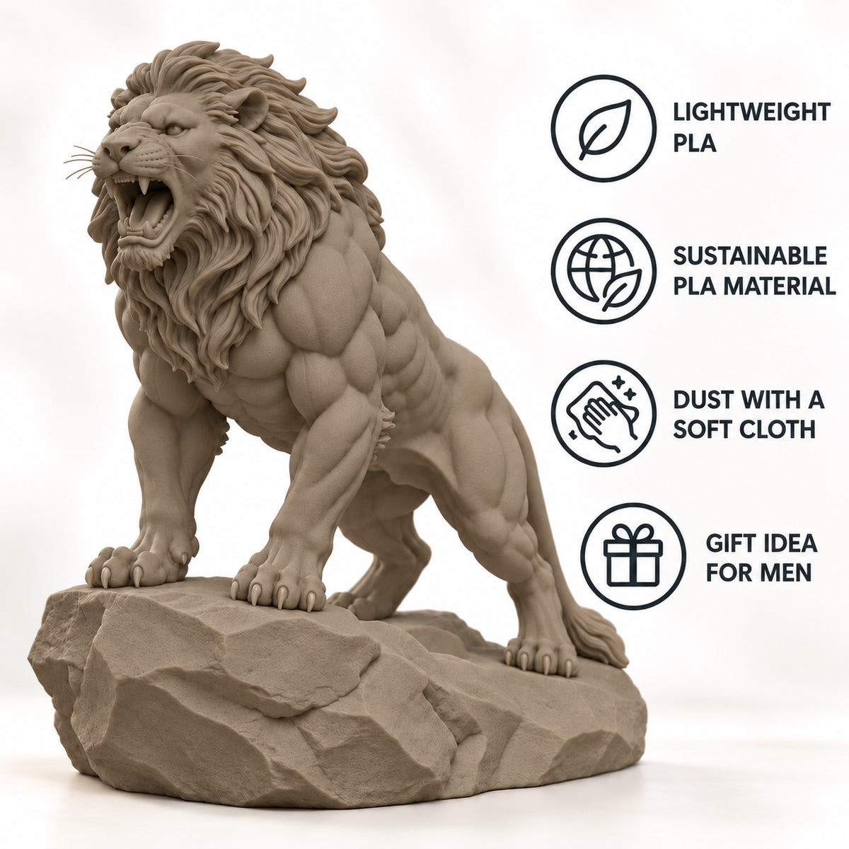CONQR Roaring Lion desk statue in Sandstorm, tail resting on the rock, lightweight PLA material features