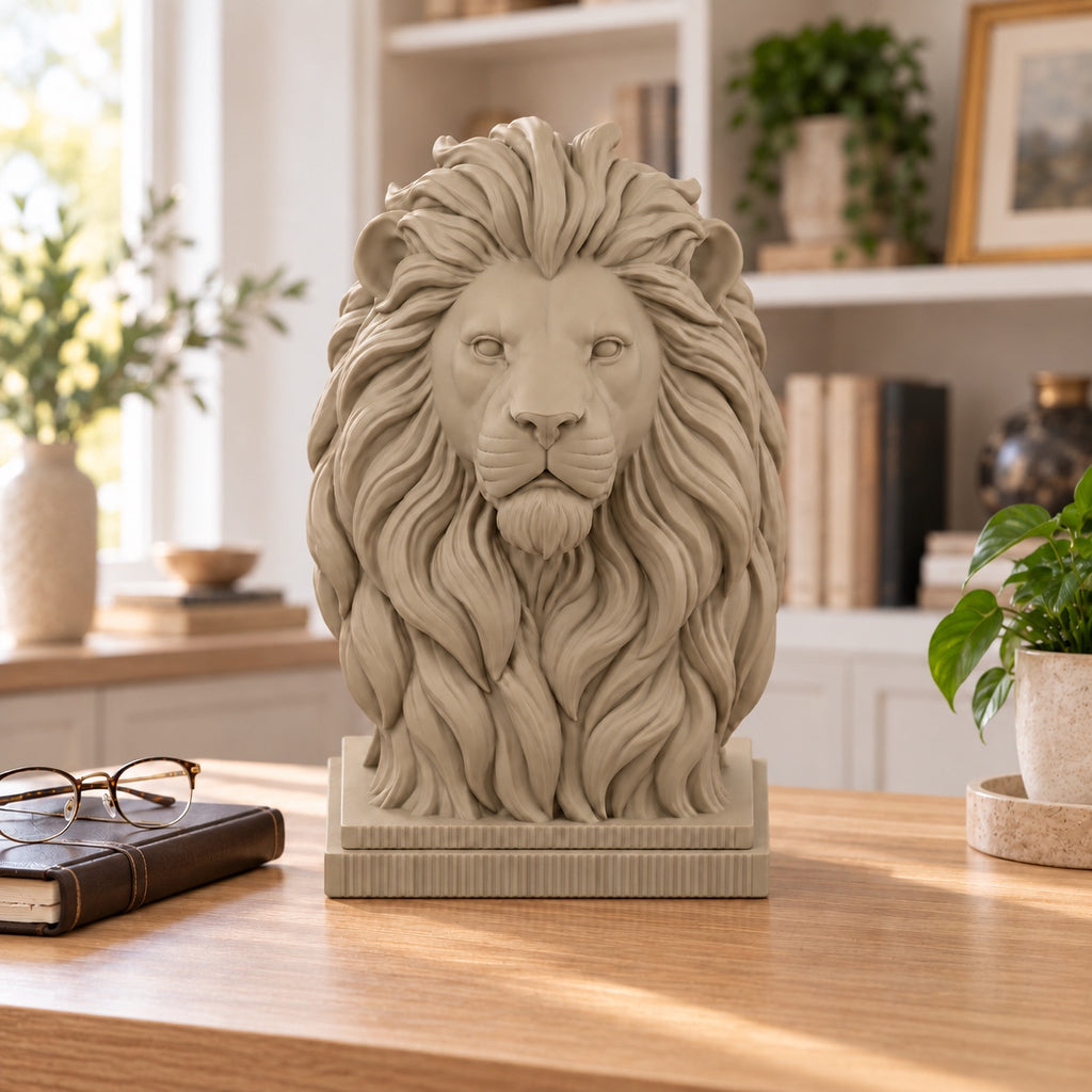Lion desk sculpture in a home study
