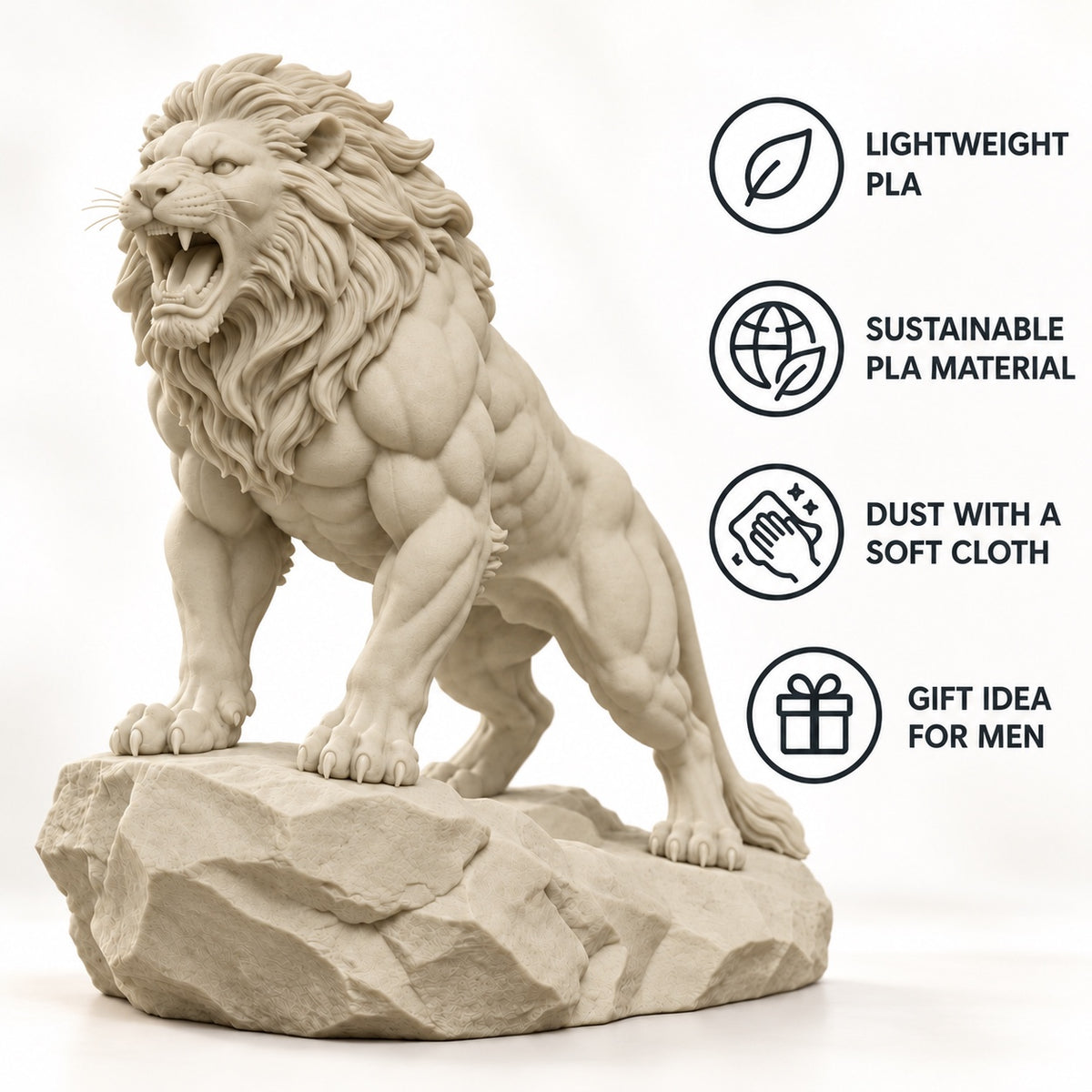 CONQR Roaring Lion desk statue in Warm Beige, tail resting on the rock, lightweight PLA material features