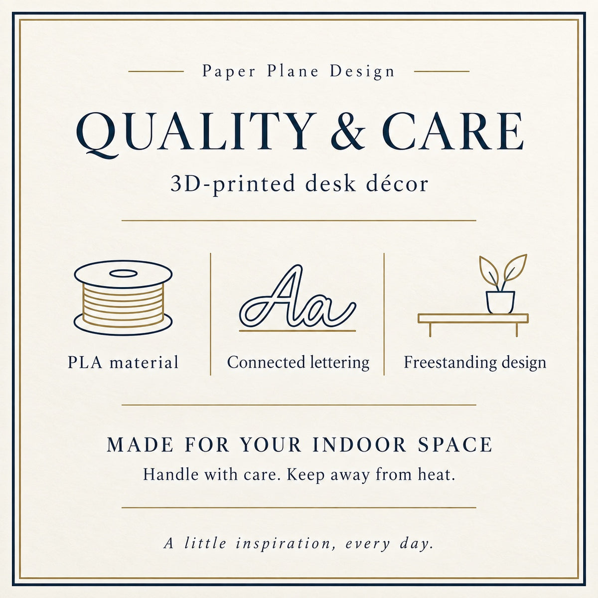 CONQR desk letters quality and care card