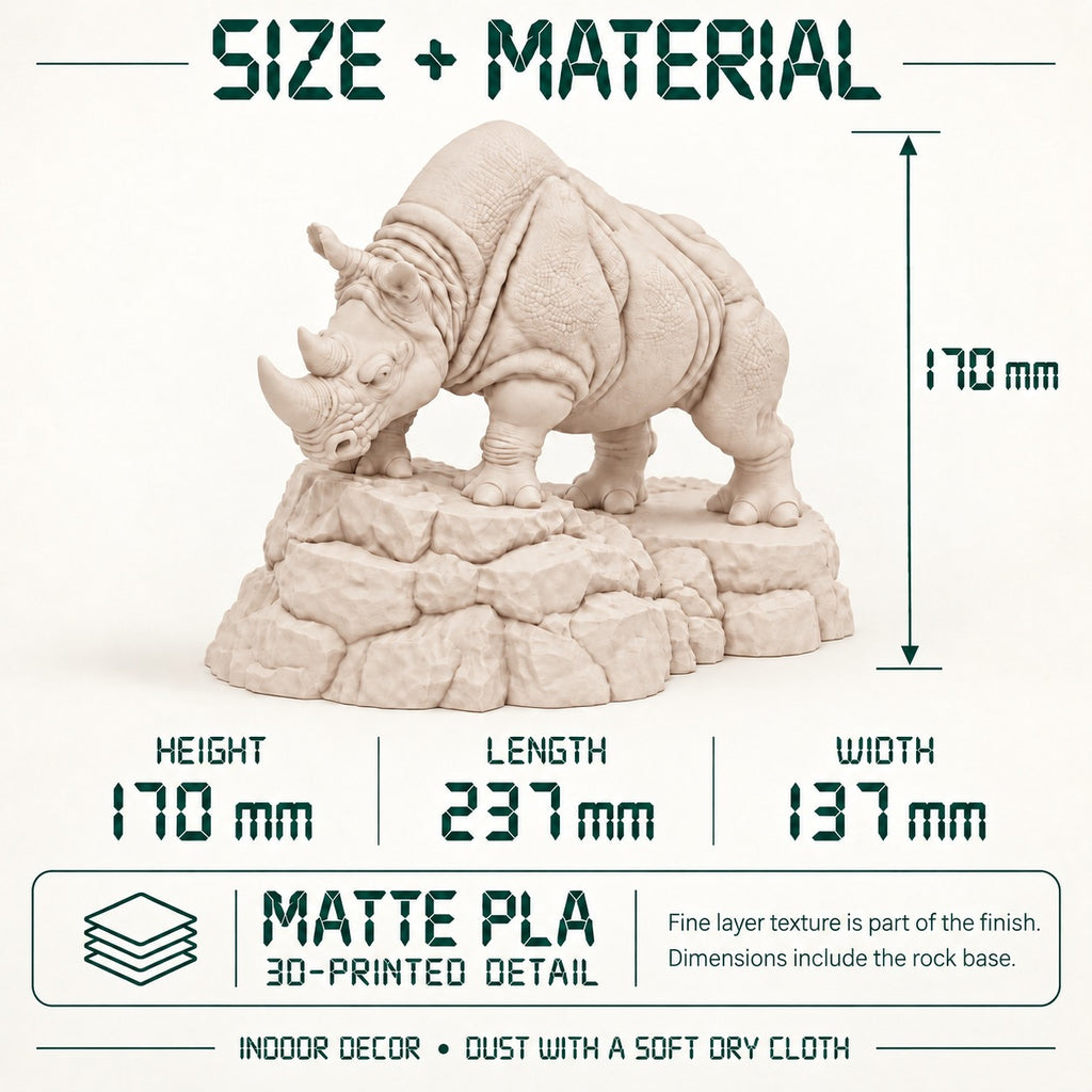 Charging Rhino statue Warm Beige size and material, 170 mm tall