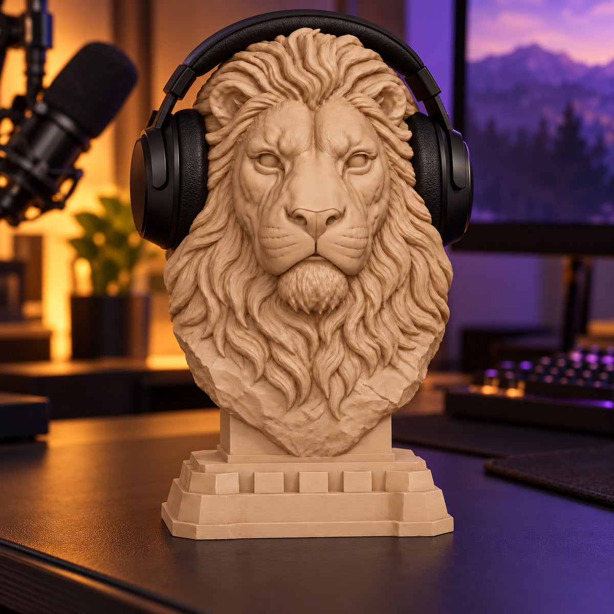 Lion headphone stand on a streamer desk