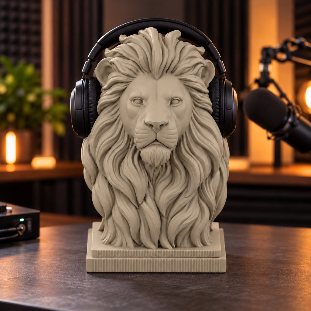 Lion headphone stand on a streamer desk