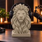 Lion headphone stand on a streamer desk