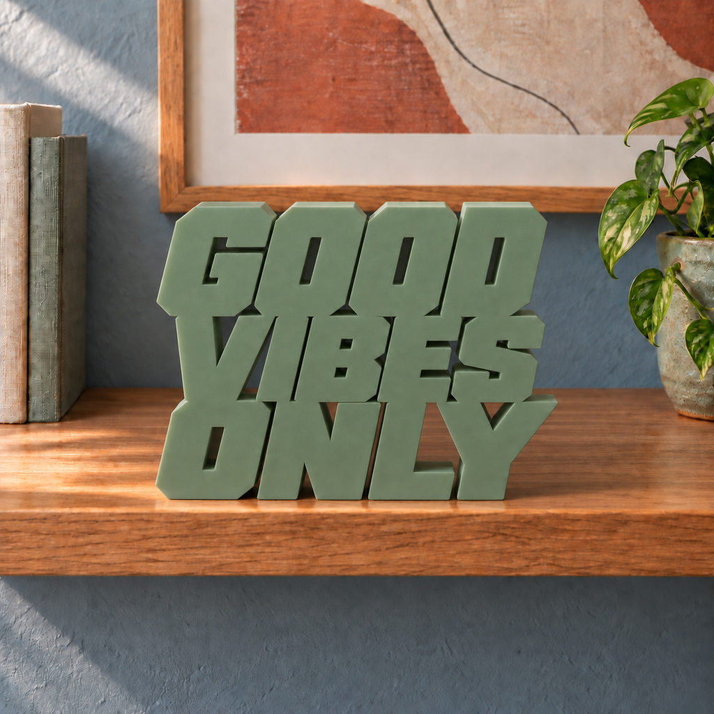 Good Vibes Only desk letters – Army Green on the ledge