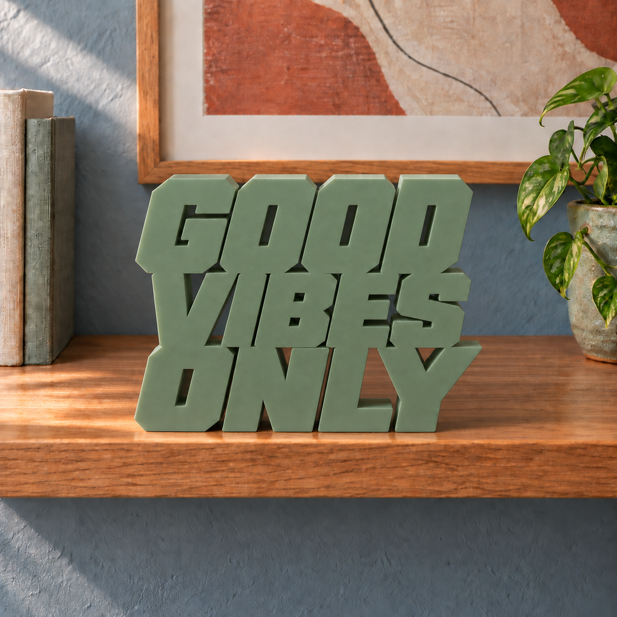 Good Vibes Only desk letters – Army Green on the ledge