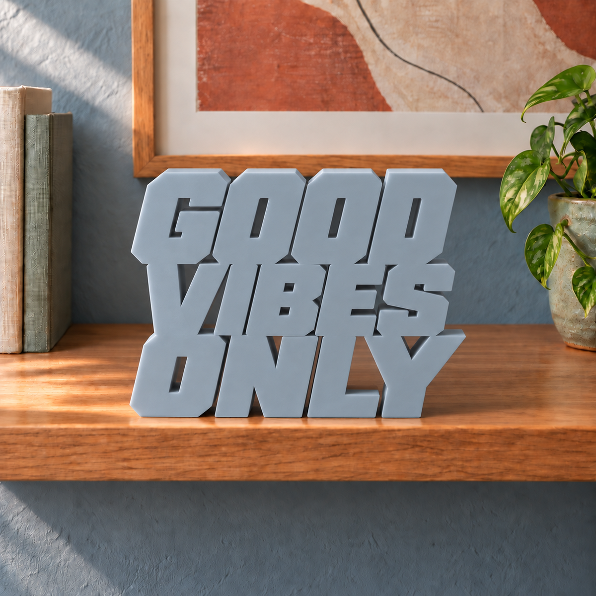 Good Vibes Only desk letters – Light Gray on the ledge