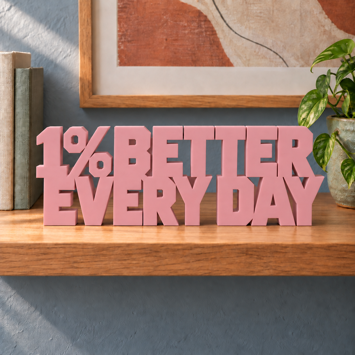1% Better Every Day desk letters – Sakura Pink on the ledge