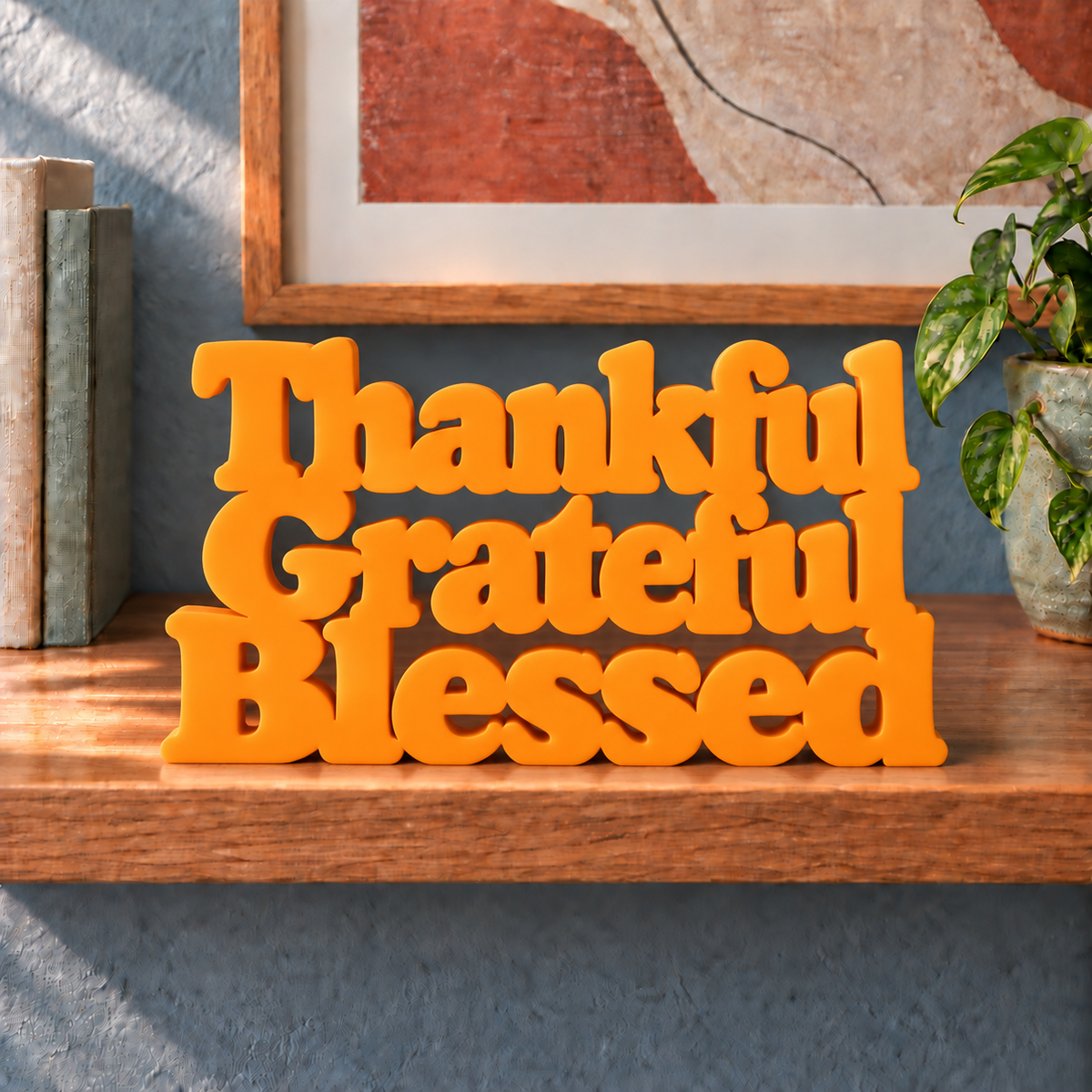 Thankful Grateful Blessed desk letters – Orange on the ledge