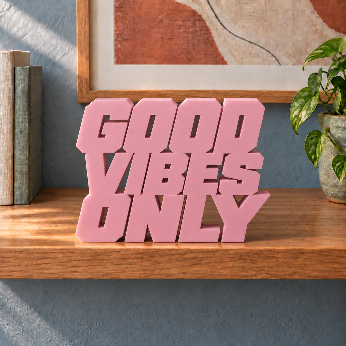 Good Vibes Only desk letters – Sakura Pink on the ledge