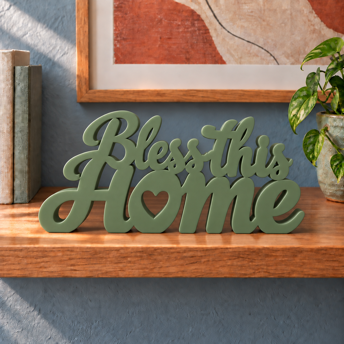 Bless This Home desk letters – Army Green on the ledge