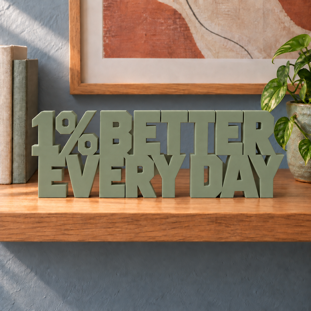 1% Better Every Day desk letters – Army Green on the ledge