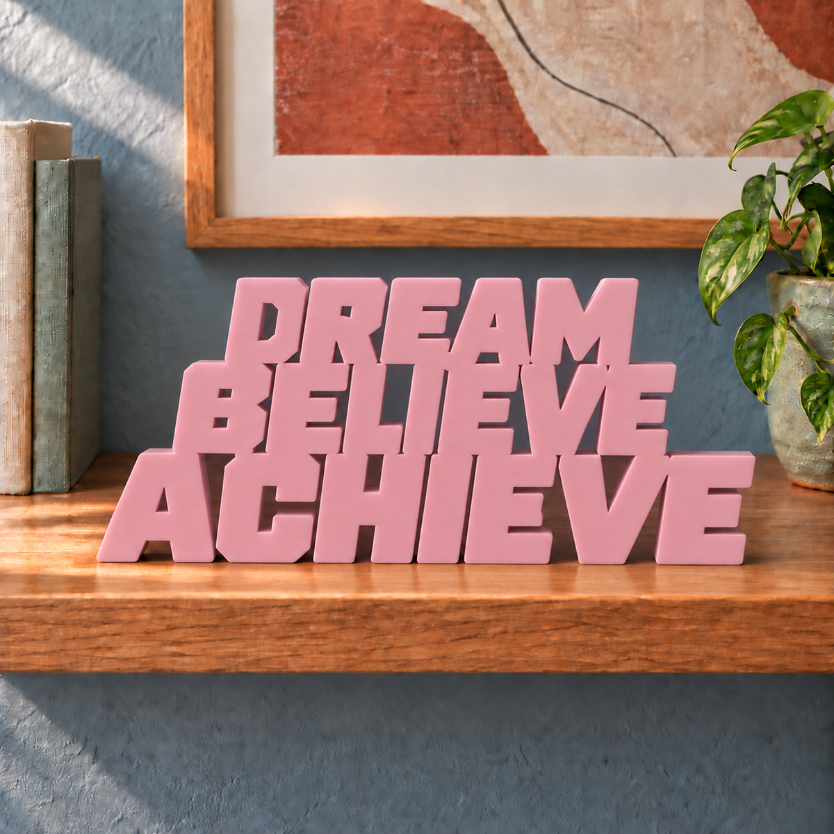 Dream Believe Achieve desk letters – Sakura Pink on the ledge