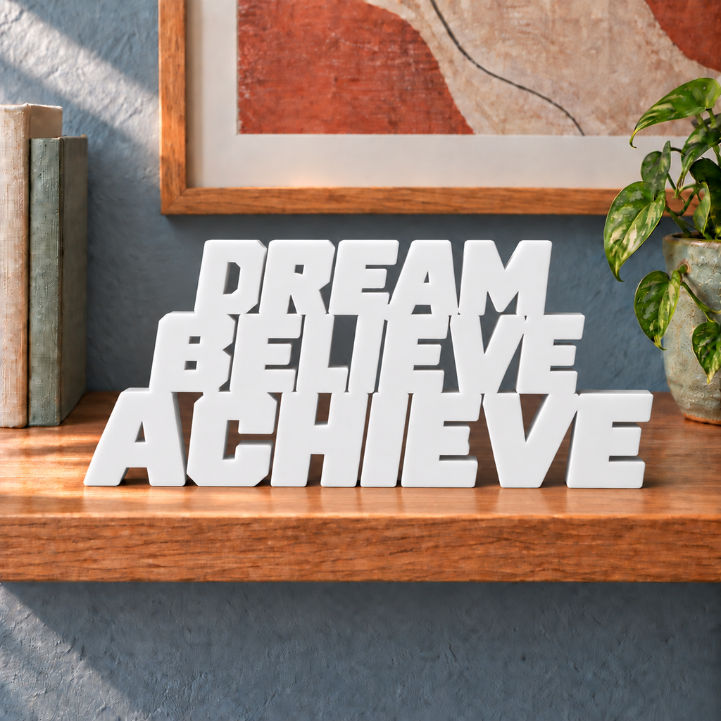 Dream Believe Achieve desk letters – White on the ledge