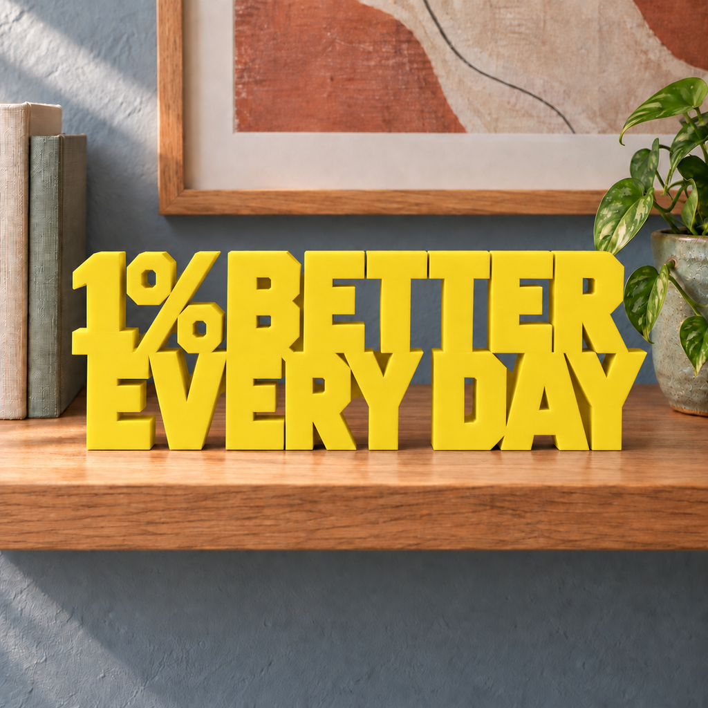 1% Better Every Day desk letters – Yellow on the ledge