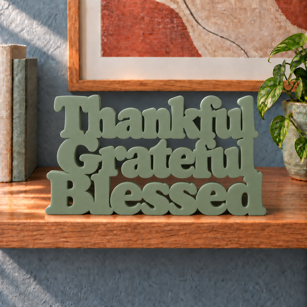 Thankful Grateful Blessed desk letters – Army Green on the ledge