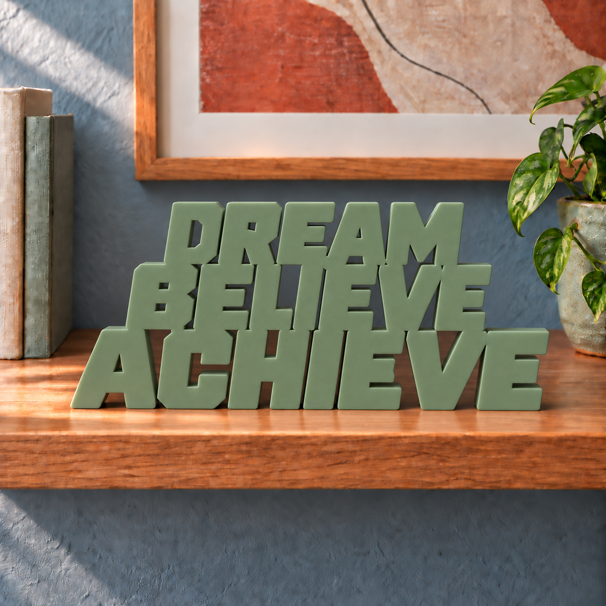 Dream Believe Achieve desk letters – Army Green on the ledge