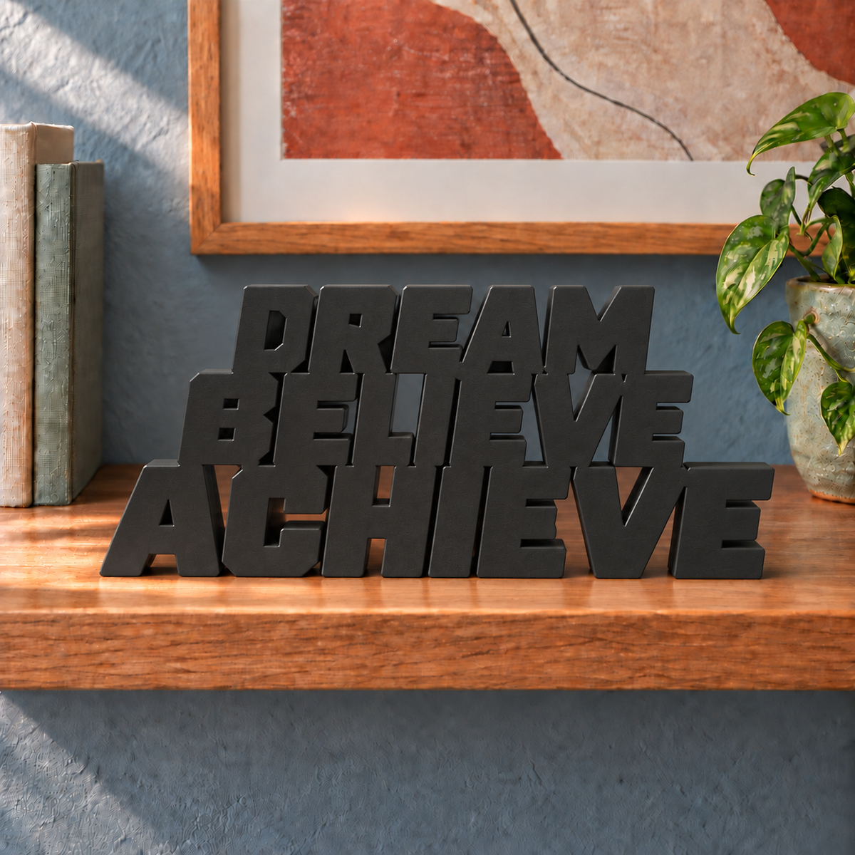 Dream Believe Achieve desk letters – Black on the ledge