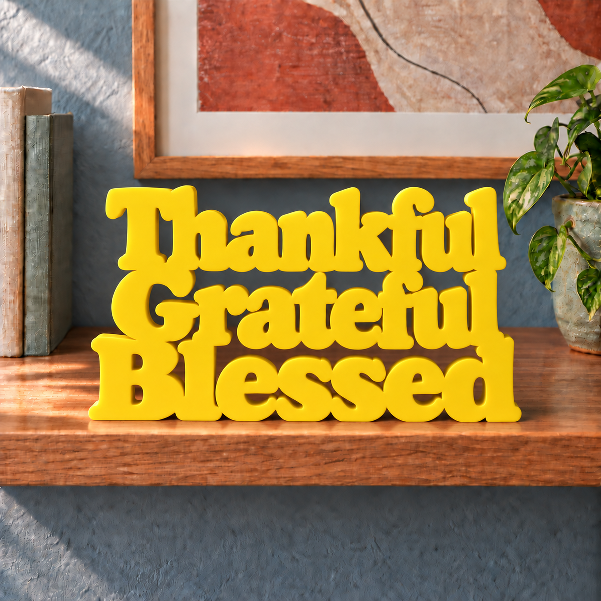 Thankful Grateful Blessed desk letters – Yellow on the ledge