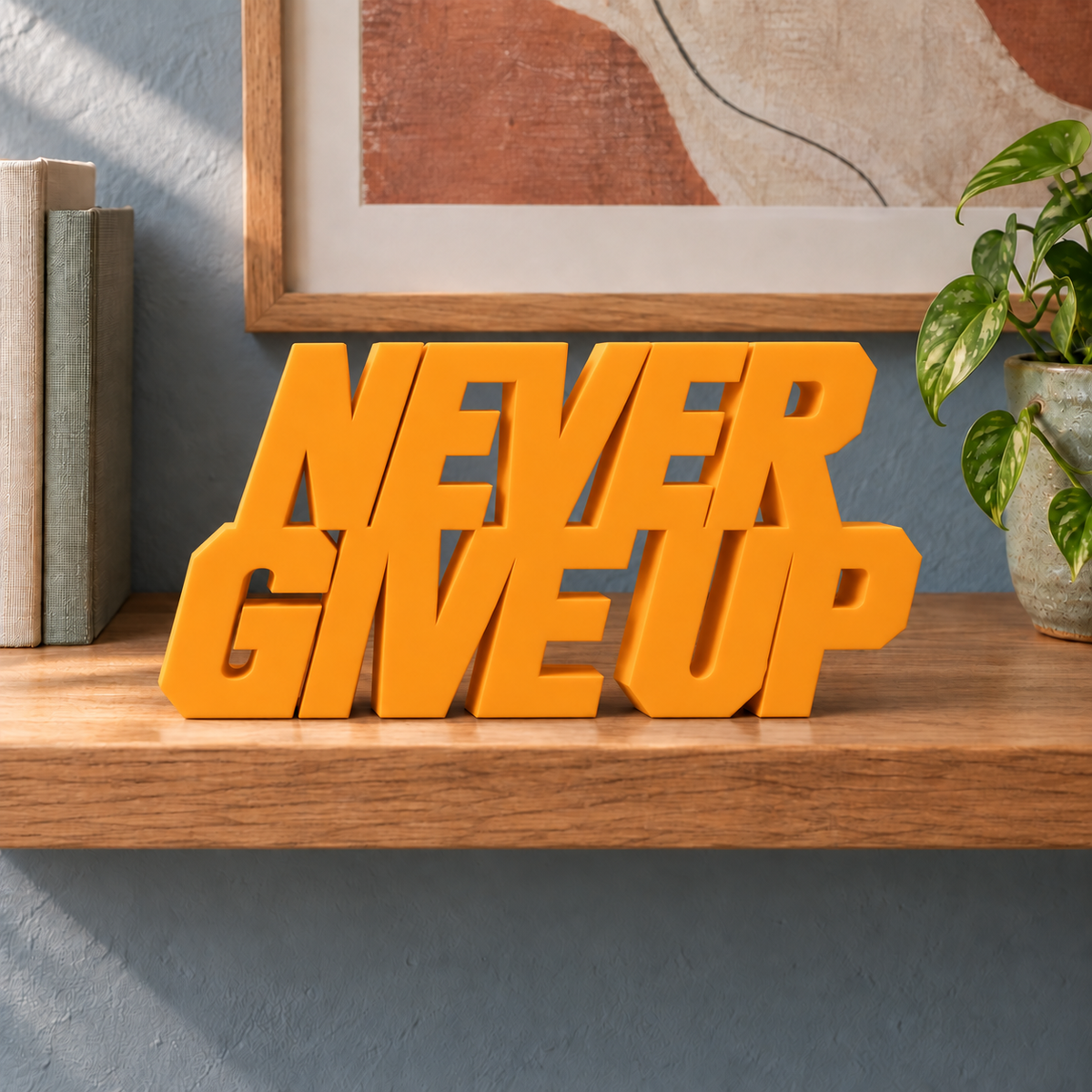 Never Give Up desk letters – Orange on the ledge