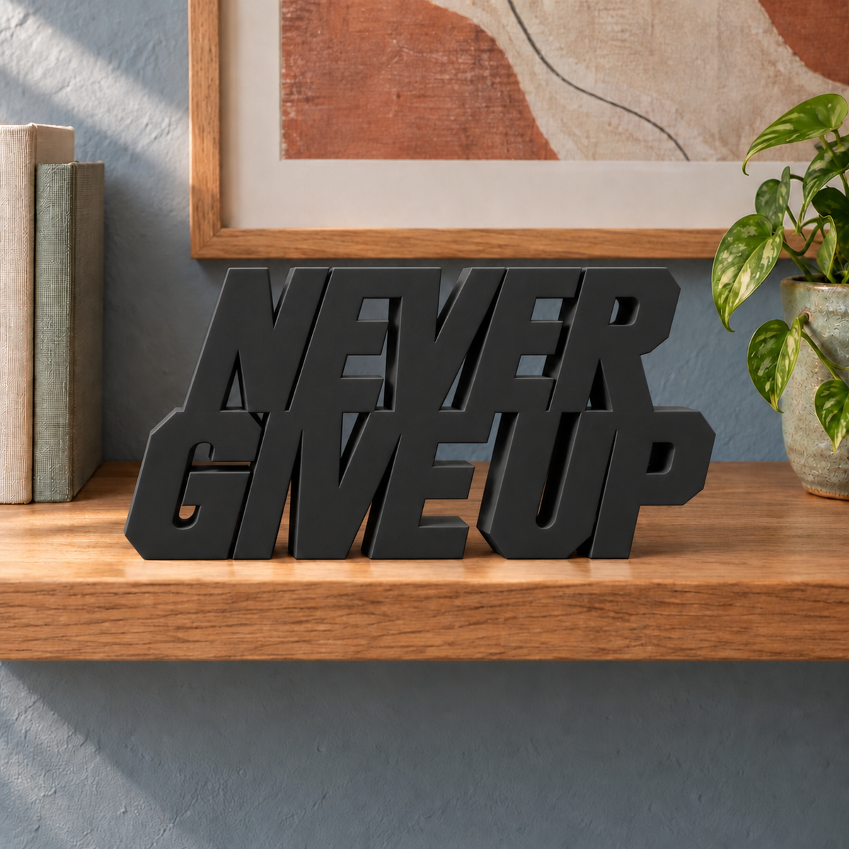 Never Give Up desk letters – Black on the ledge