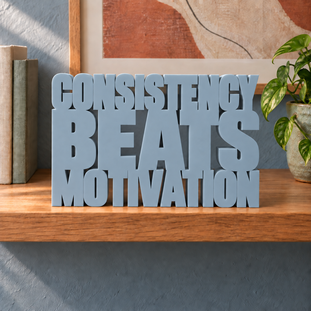 Consistency Beats Motivation desk letters – Light Gray on the ledge