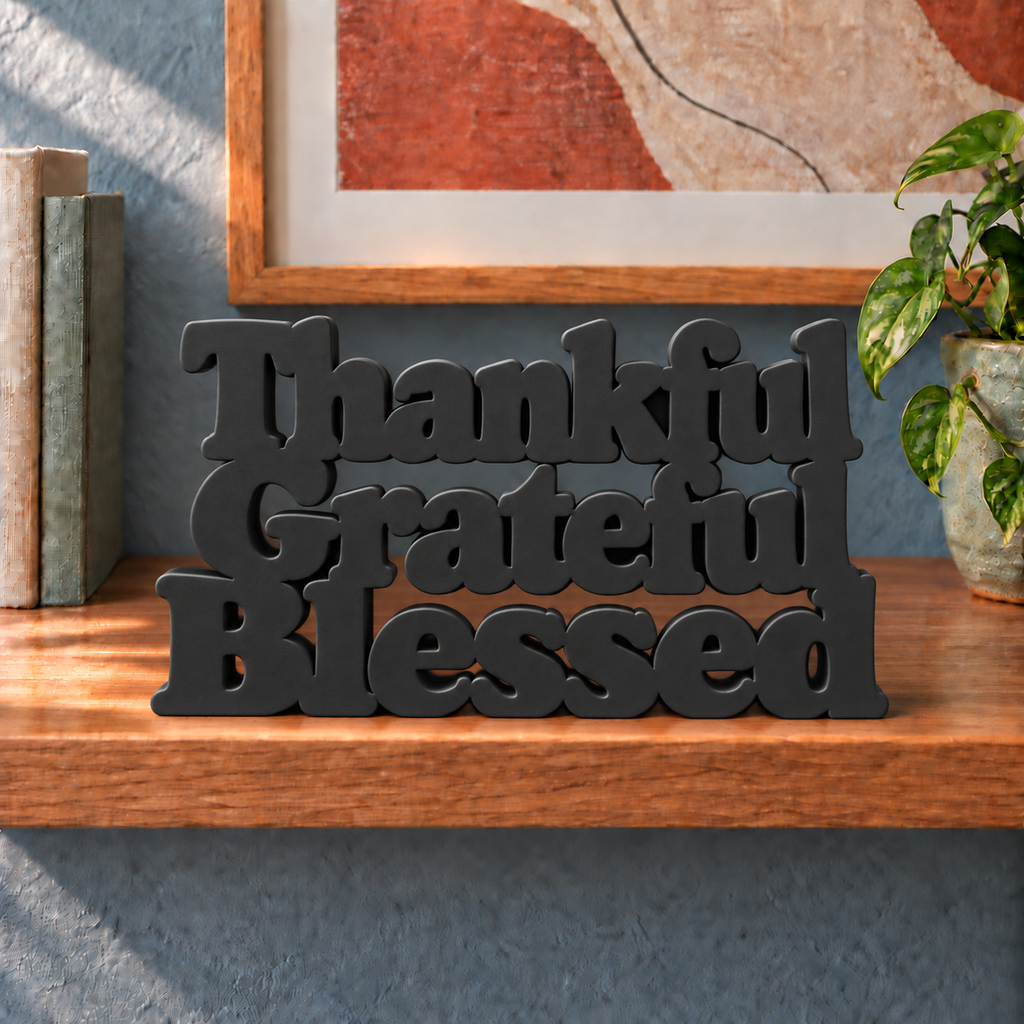 Thankful Grateful Blessed desk letters – Black on the ledge